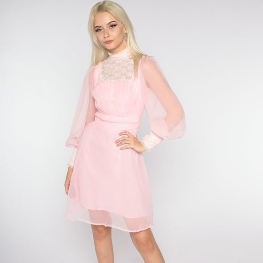 70s Pink Chiffon Mini Dress High Neck Lace Bib Long Sleeve Extra Small