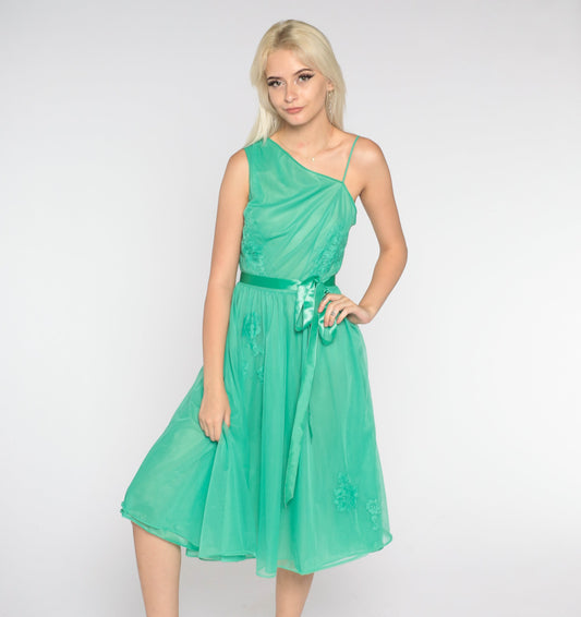1960s One-Shoulder Slip Dress Green Floral Lace Midi Small