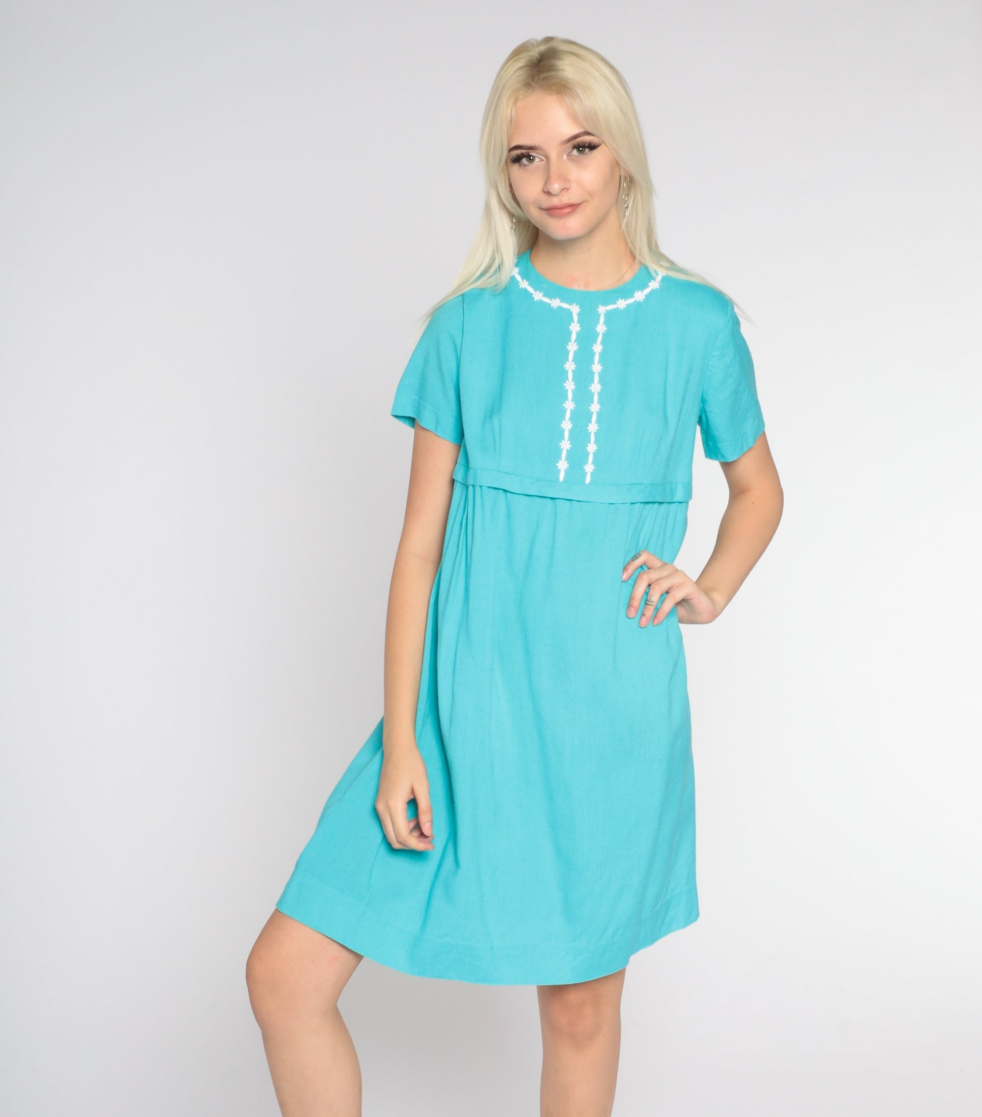 60s Bright Blue Mini Shift Dress Floral Trim Empire Waist Small