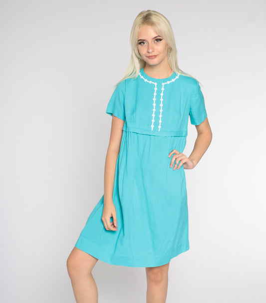 60s Bright Blue Mini Shift Dress Floral Trim Empire Waist Small
