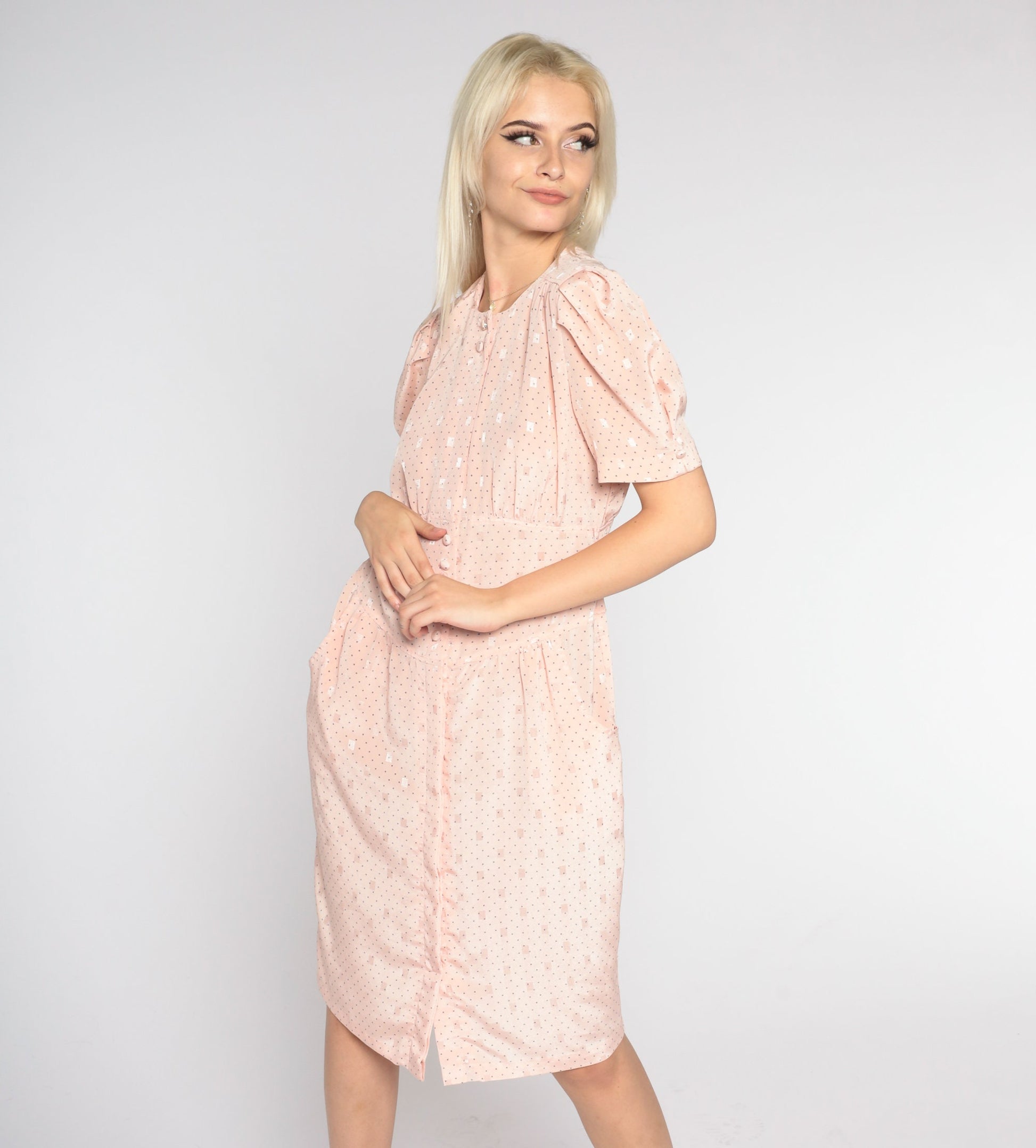 80s Blush Pink Button-Up Sheath Dress Puff Sleeve High Waist Knee Length Medium M