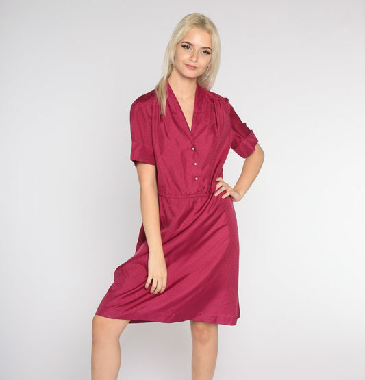 80s Berry Red Shirtwaist Mini Dress Embossed Dots Button-Up Collar Medium Large