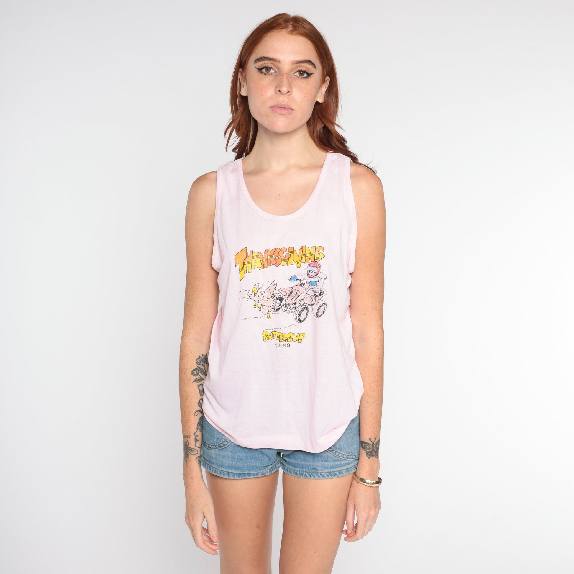 80s Turkey Hunt Thanksgiving Tank Top Graphic Sleeveless Tee Baby Pink Medium