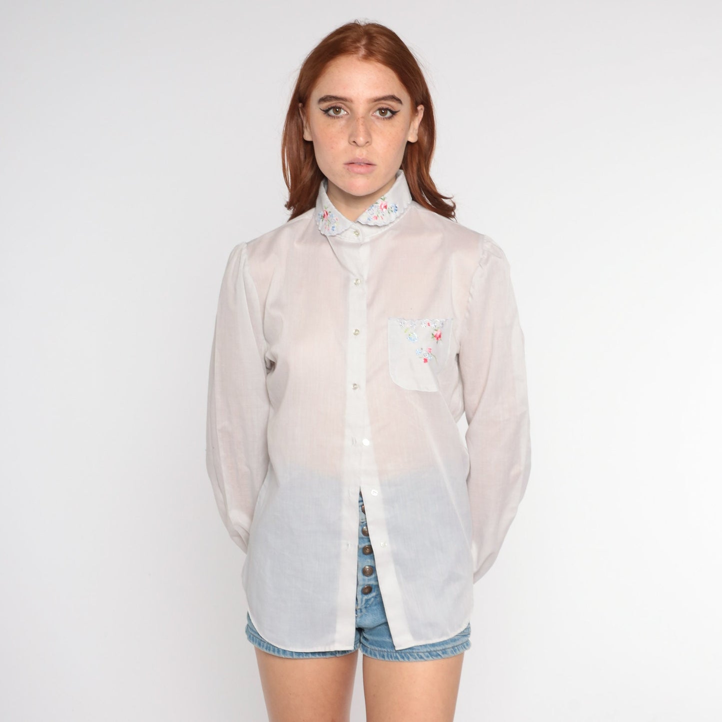 80s White Sheer Blouse Floral Embroidered Puff Sleeve Peter Pan Collar Small