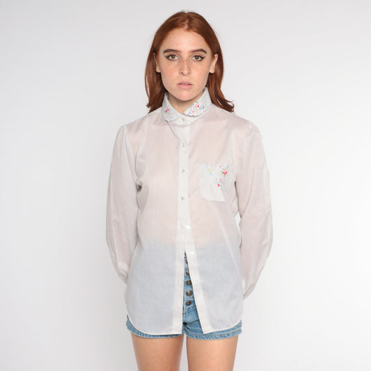 80s White Sheer Blouse Floral Embroidered Puff Sleeve Peter Pan Collar Small