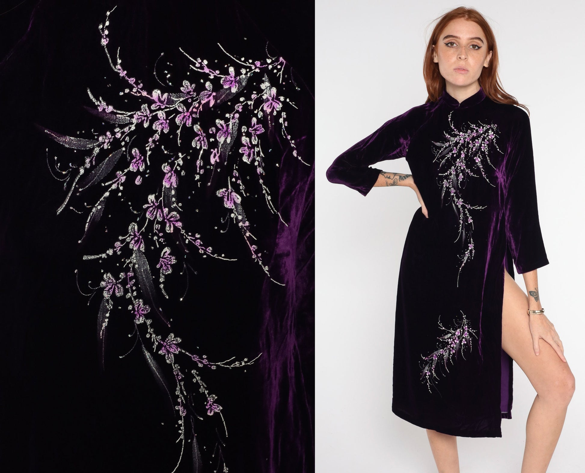 90s Dark Purple Velvet Ao Dai Midi Dress Cherry Blossom Print High Slit Extra Small