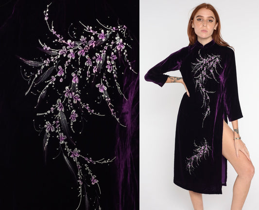 90s Dark Purple Velvet Ao Dai Midi Dress Cherry Blossom Print High Slit Extra Small