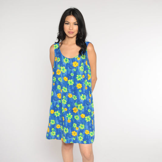 90s Blue Floral Mini Dress Sleeveless Shift Scoop Neck Summer Large