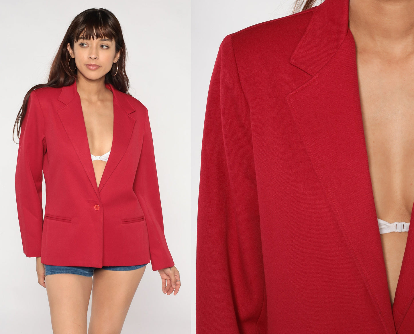 80s Red Blazer Jacket Button-Up Solid Formal Office Wear Medium M