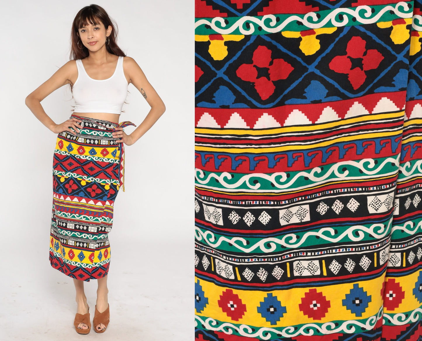 90s Geometric Aztec Print Wrap Midi Skirt Cotton Red Yellow Blue Medium M