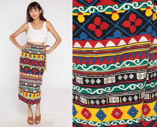 90s Geometric Aztec Print Wrap Midi Skirt Cotton Red Yellow Blue Medium M