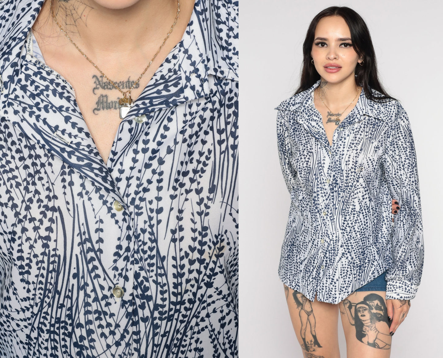 70s Floral Button Up Blouse Blue White Flower Print Long Sleeve Medium