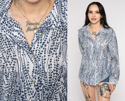 70s Floral Button Up Blouse Blue White Flower Print Long Sleeve Medium