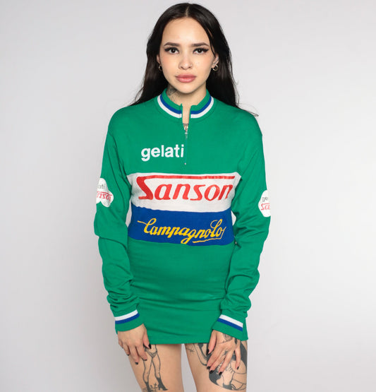 80s Campagnolo Sanson Gelati Cycling Jersey Green Striped Zip Neck Small