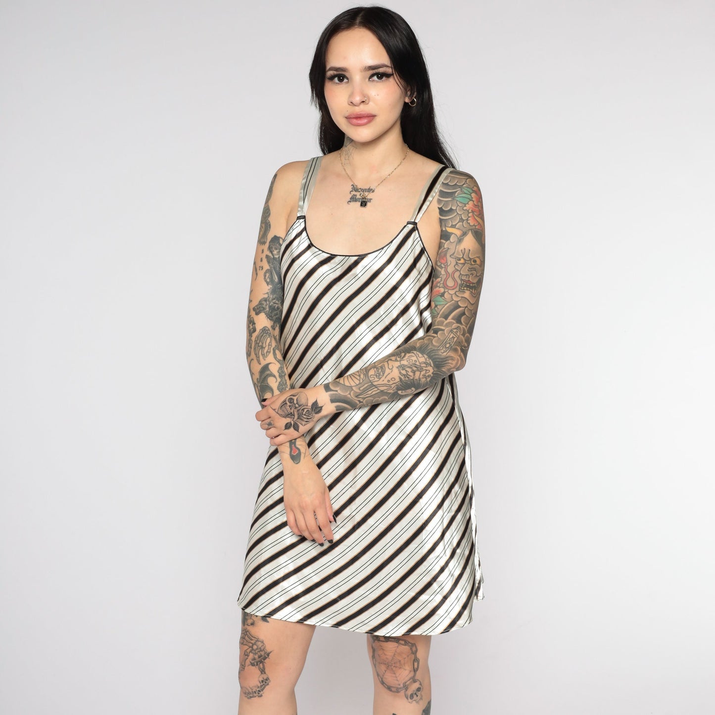 90s Striped Satin Slip Dress Grey Black Spaghetti Strap Chemise Medium