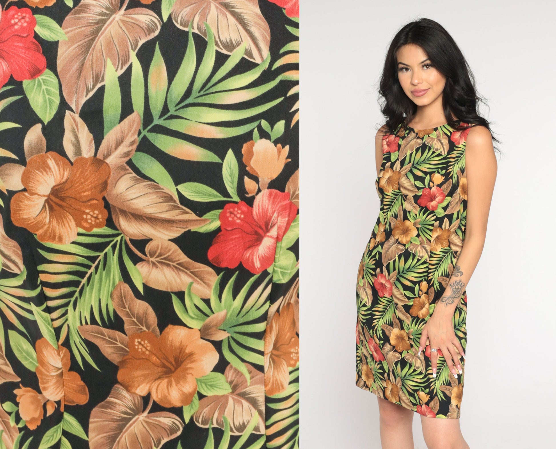 90s Black Tropical Floral Mini Dress Shift Sleeveless Medium 8