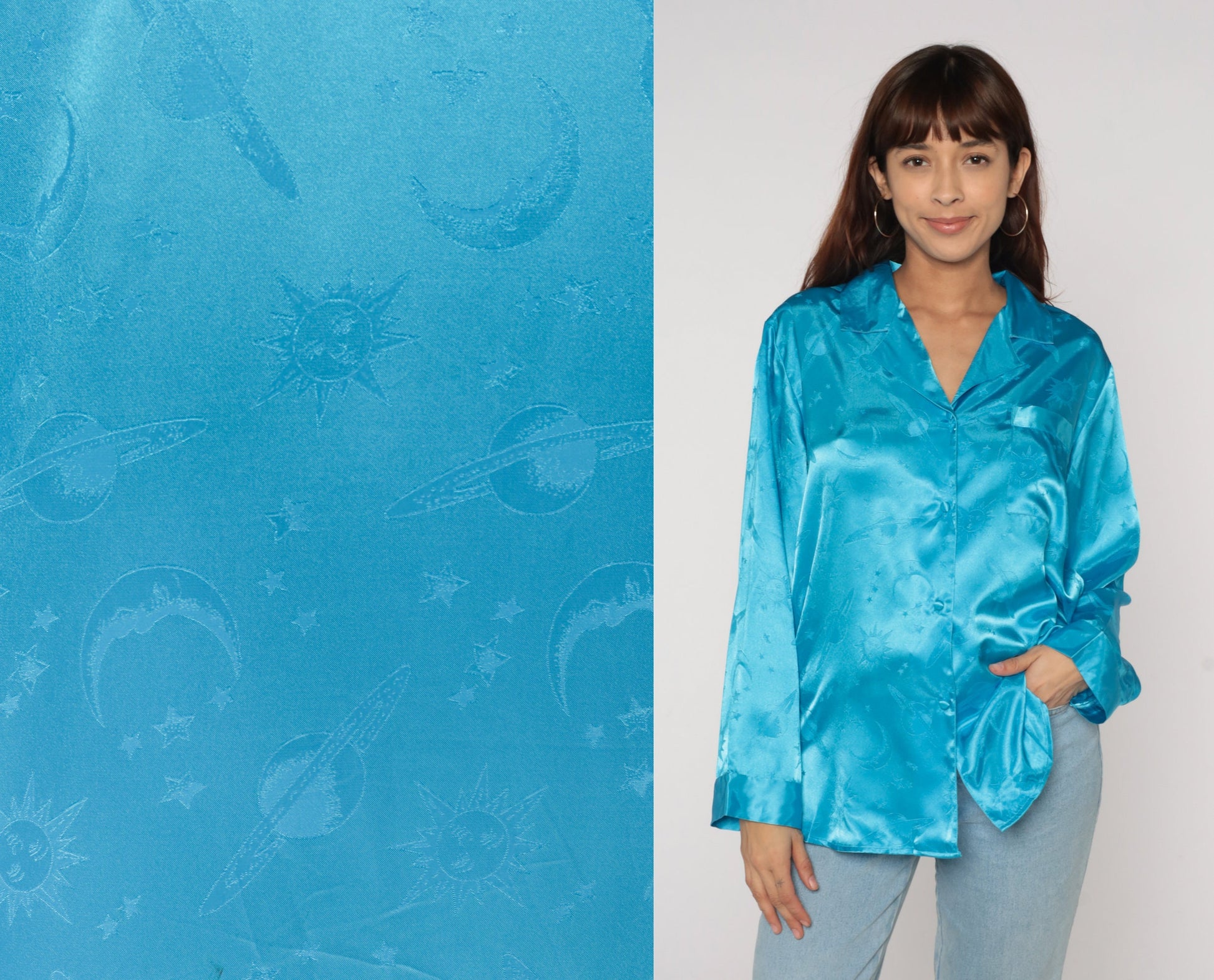 90s Celestial Pajama Top Bright Blue Satin Embossed Moon Stars Button Up Medium
