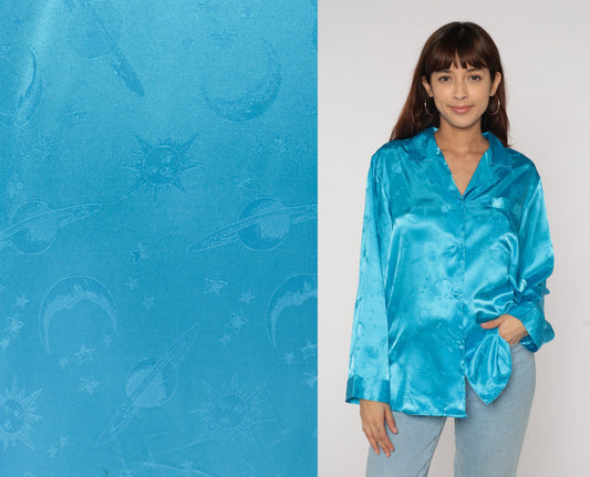 90s Celestial Pajama Top Bright Blue Satin Embossed Moon Stars Button Up Medium