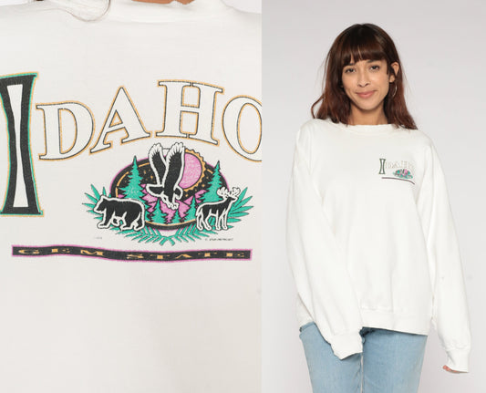 90s Idaho Gem State Wildlife Graphic Sweatshirt White Crewneck Large