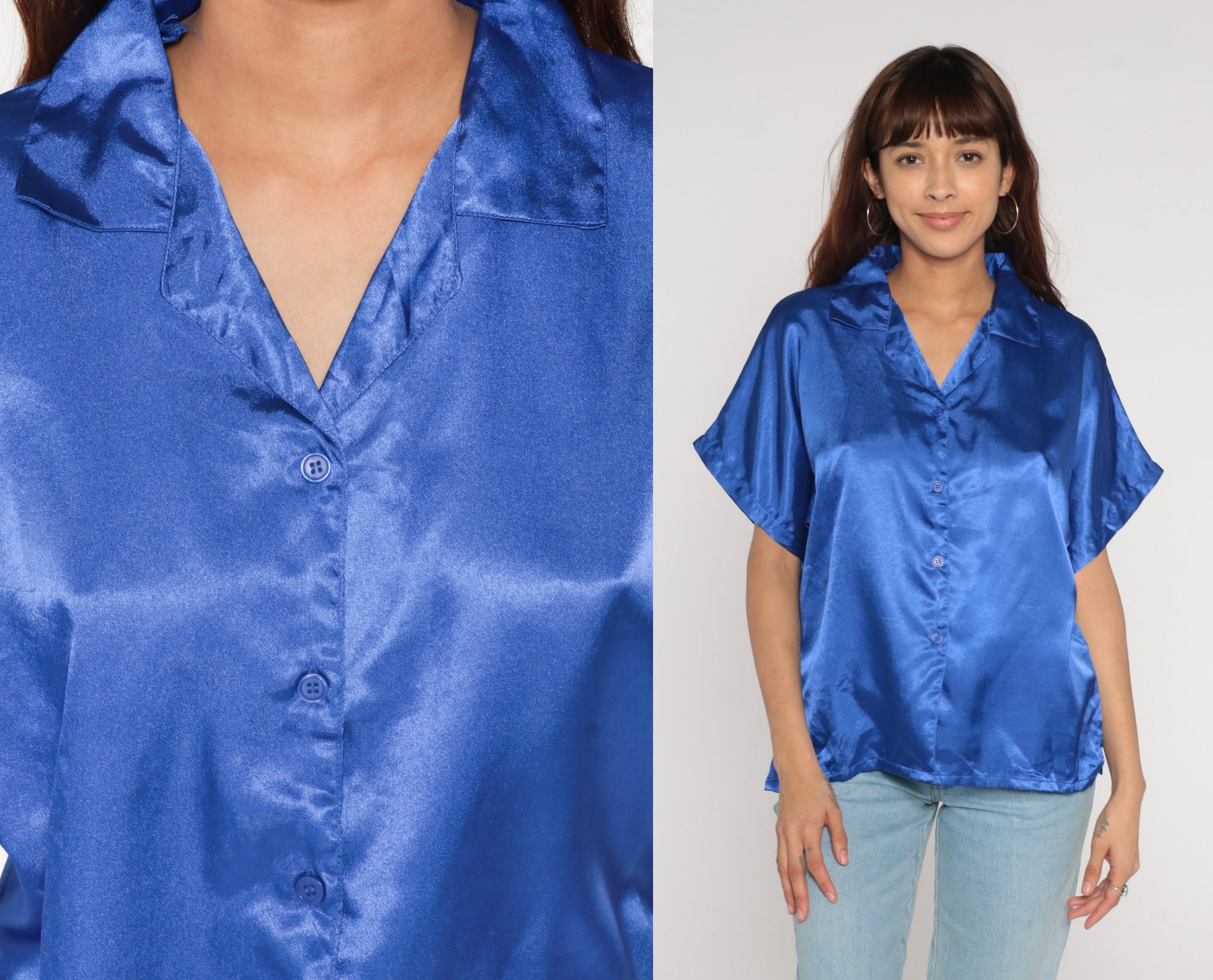 00s Blue Satin Button-Up Blouse Short Sleeve Shirt Large L