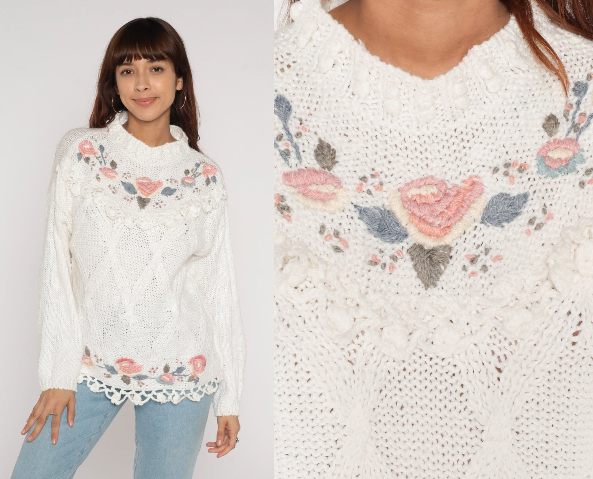 90s White Floral Brocade Knit Sweater Mock Neck Scalloped Crochet Trim Medium