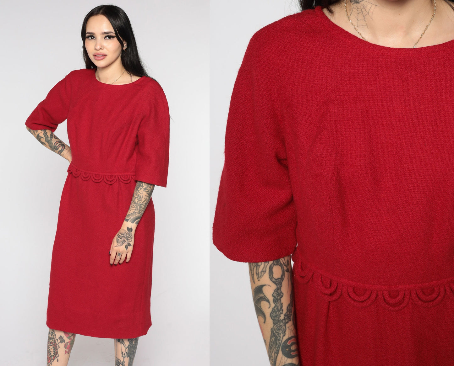 60s Stacy Ames Red Wool Midi Dress Half Sleeve High Waist Medium