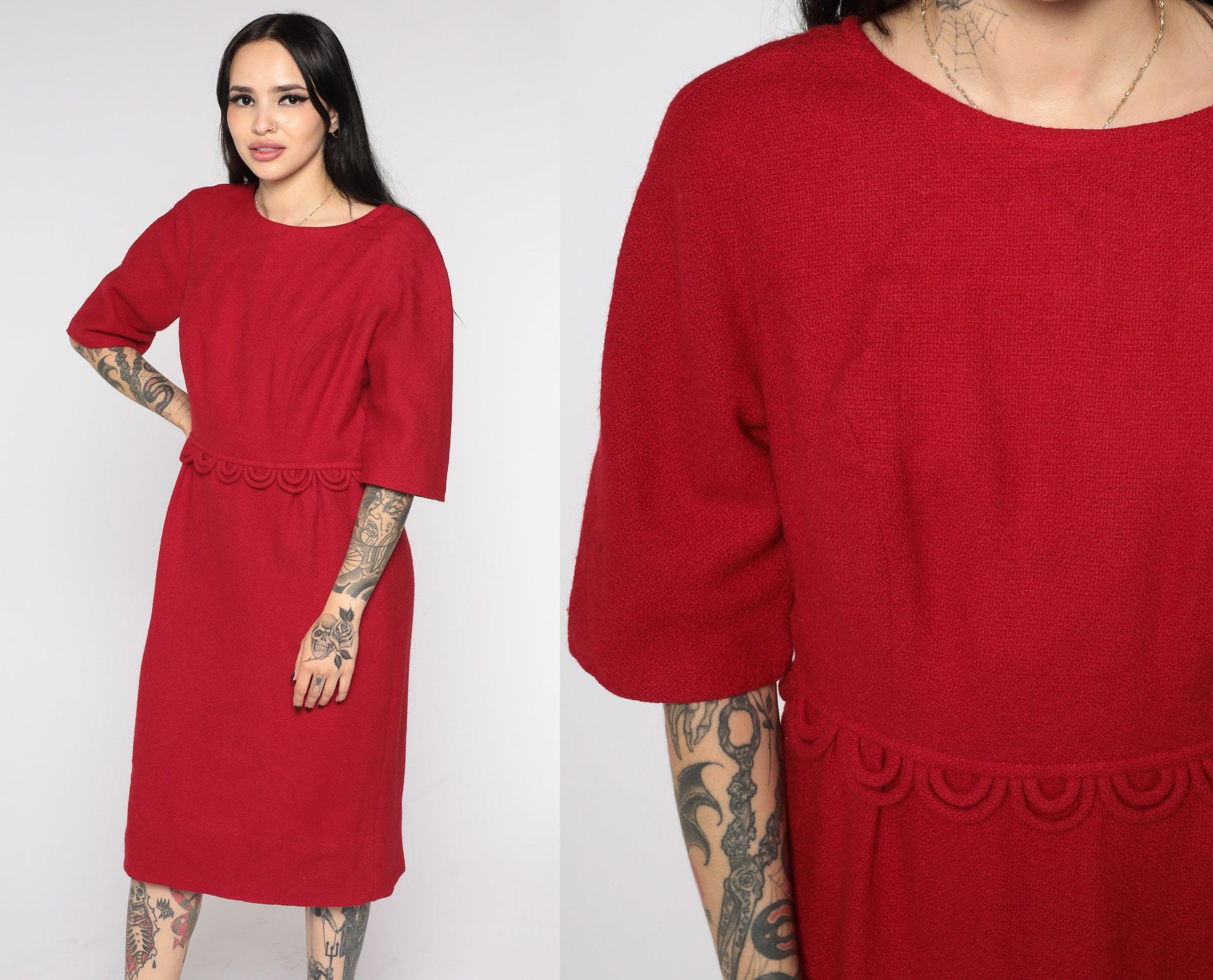 60s Stacy Ames Red Wool Midi Dress Half Sleeve High Waist Medium