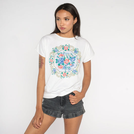 80s White Floral Print Short Sleeve Shirt Loose Fit Blouse Small S