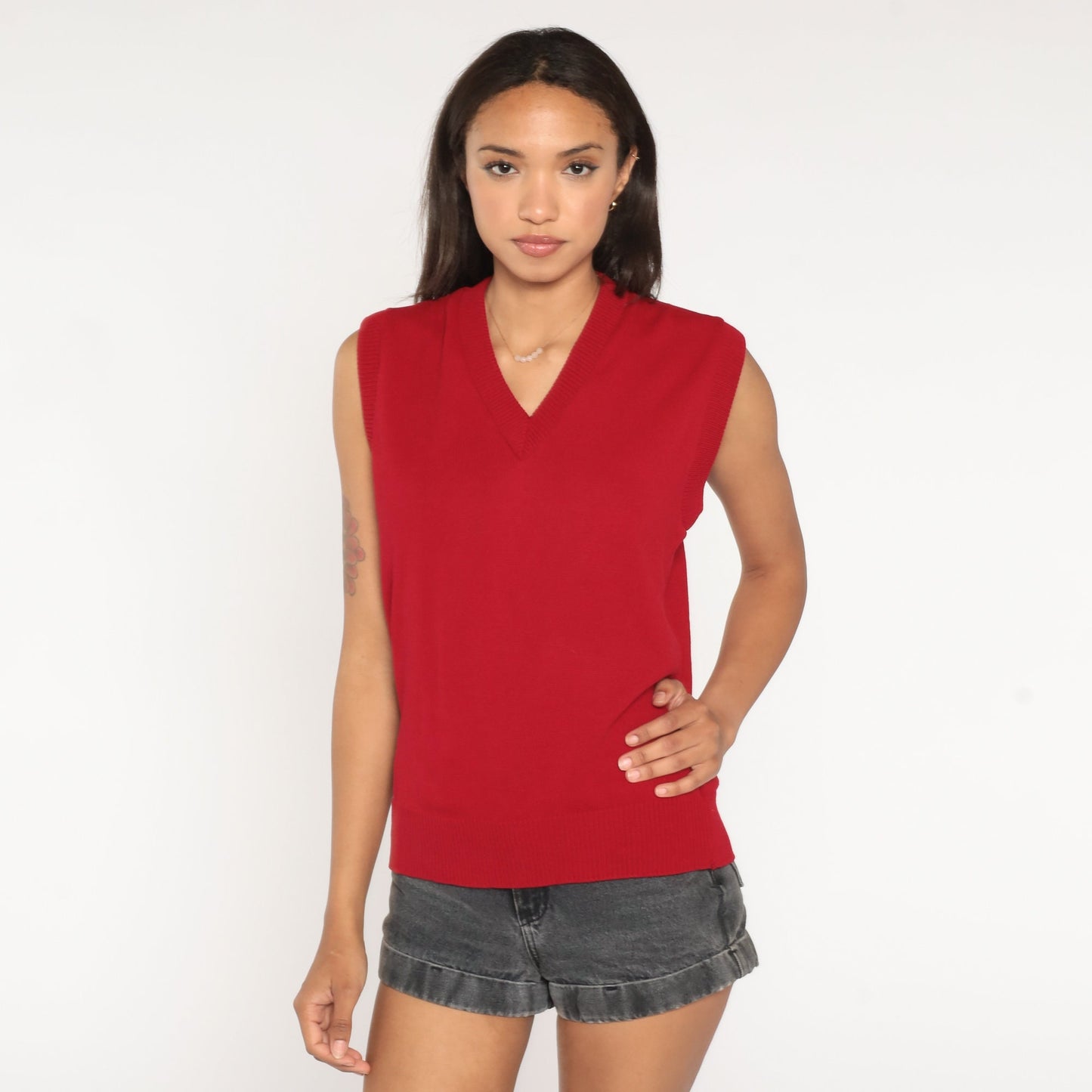 80s Red Acrylic Knit Sweater Vest V-Neck Sleeveless Small