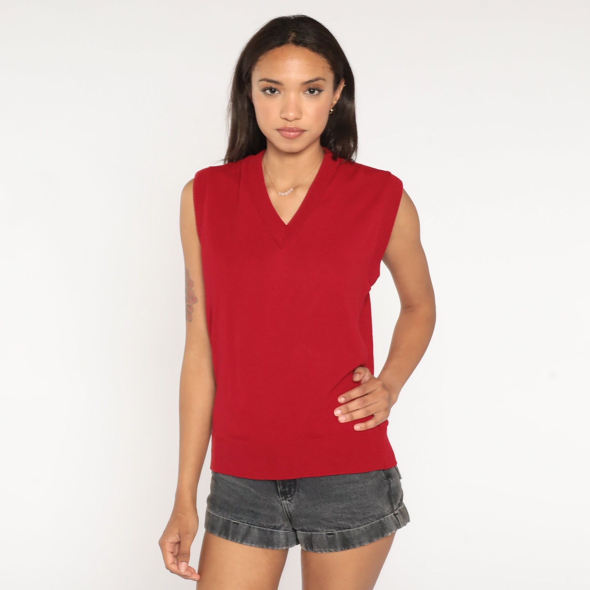 80s Red Acrylic Knit Sweater Vest V-Neck Sleeveless Small