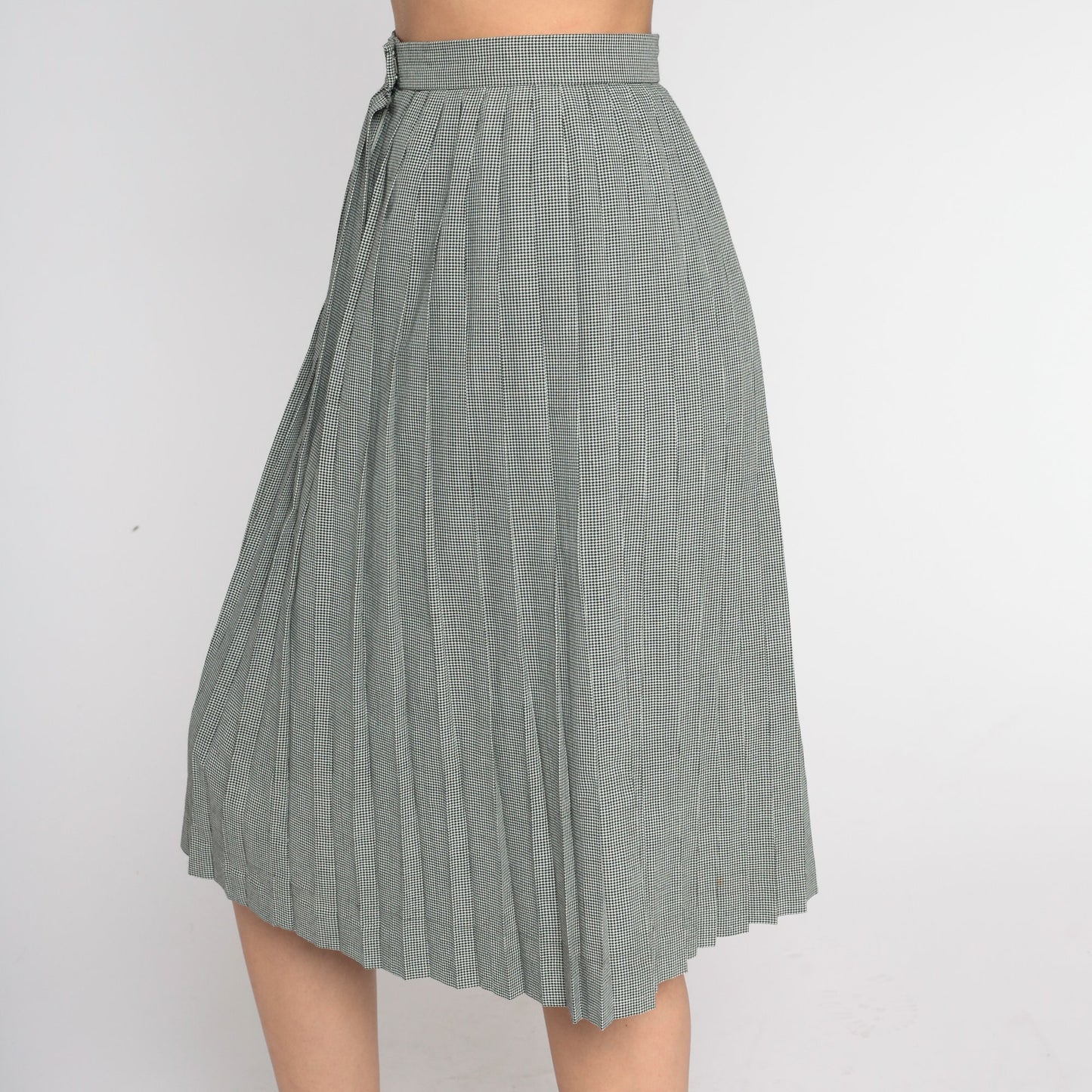 80s Houndstooth Pleated Midi Skirt Black White High Waist Extra Small
