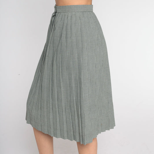80s Houndstooth Pleated Midi Skirt Black White High Waist Extra Small