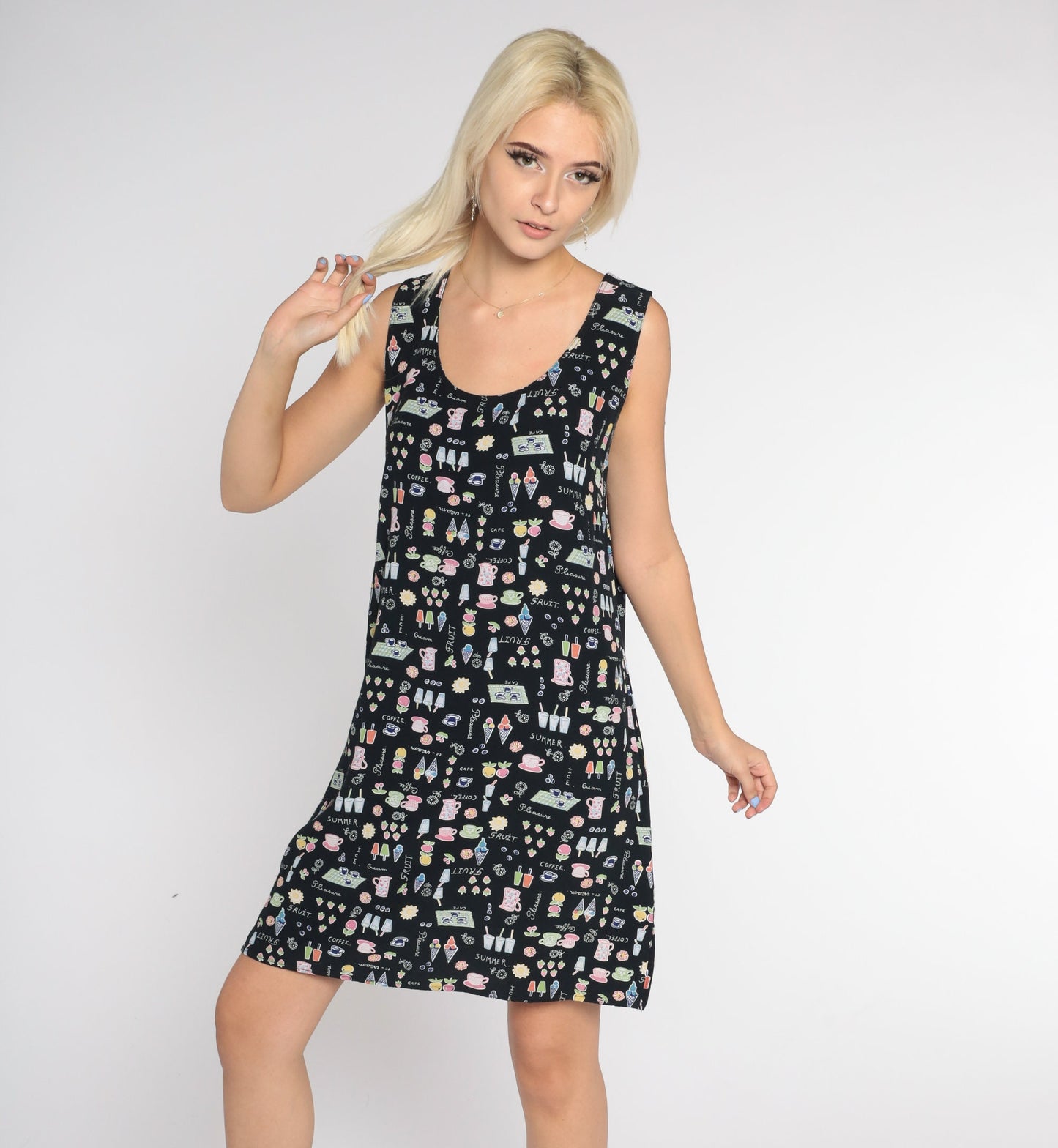 90s Black Mini Tank Dress Food Print Sleeveless Sundress Medium M