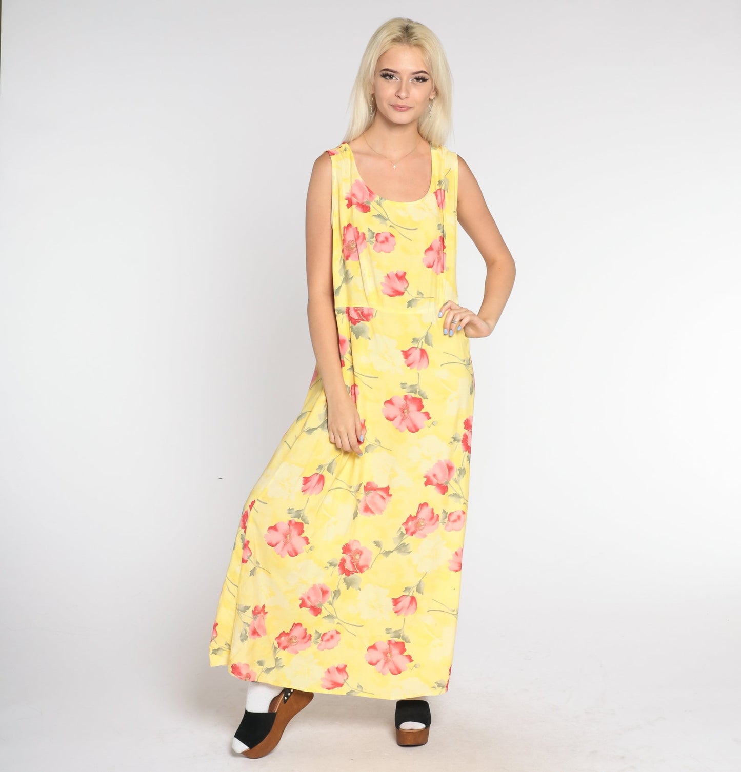 90s Yellow Poppy Print Maxi Dress Sleeveless Floral Large L