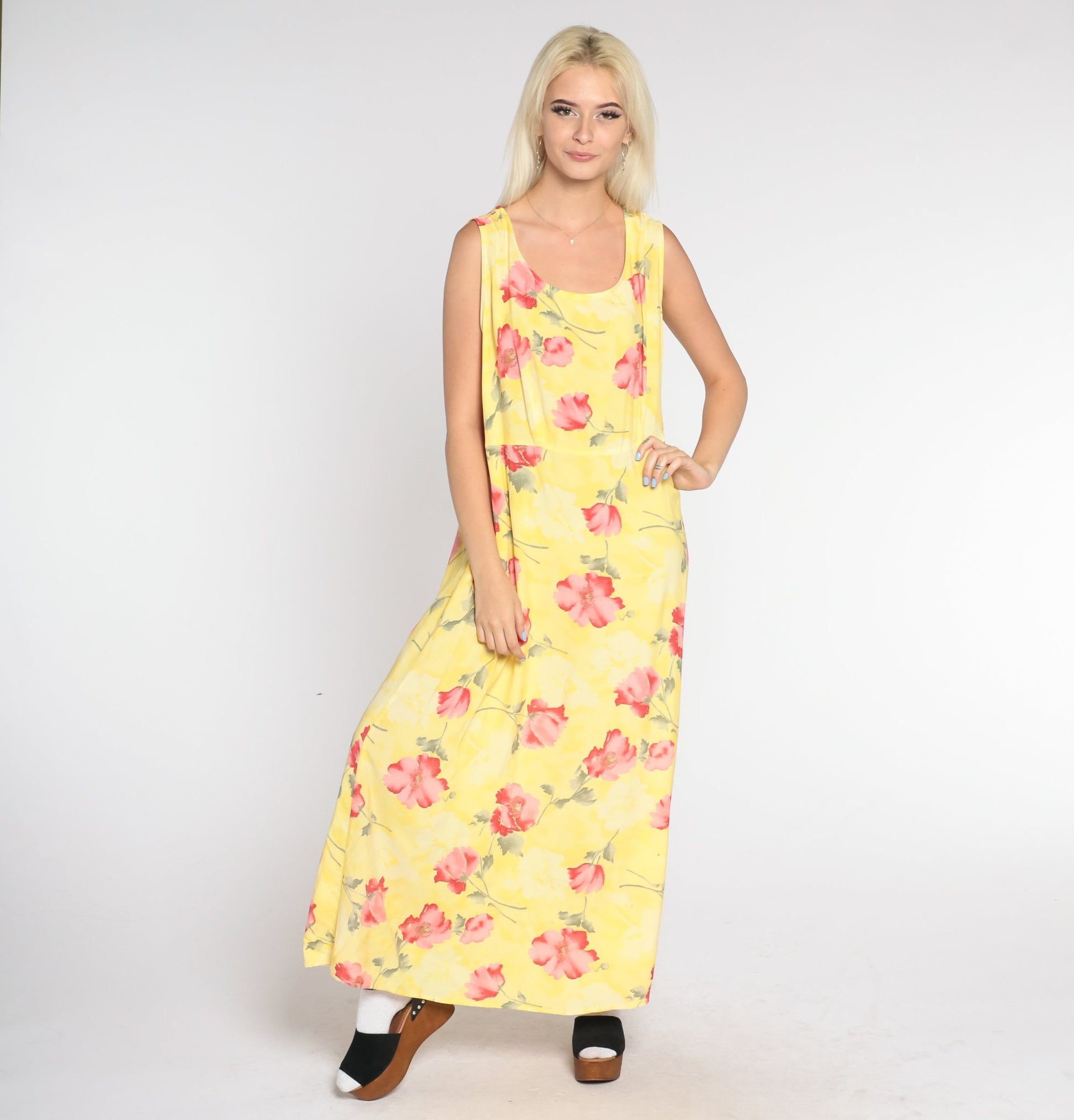 90s Yellow Poppy Print Maxi Dress Sleeveless Floral Large L