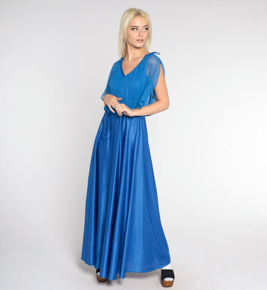 70s Royal Blue Grecian Maxi Dress V-Neck Beaded Capelet High Waist Small