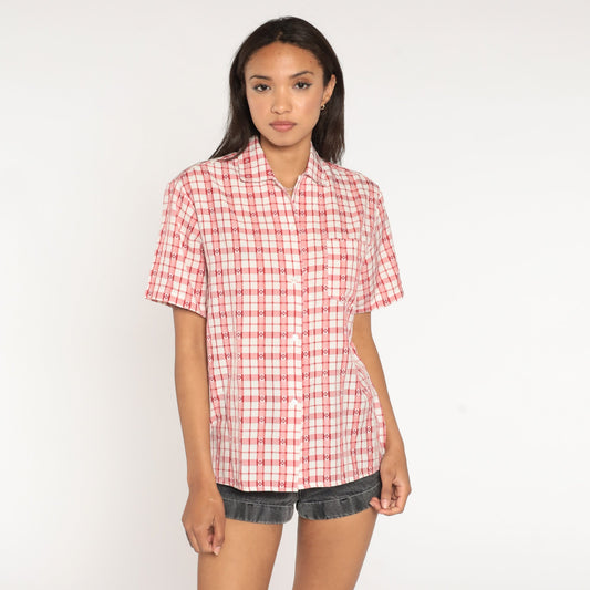 80s Plaid Heart Print Button-Up Shirt Red White Medium Large