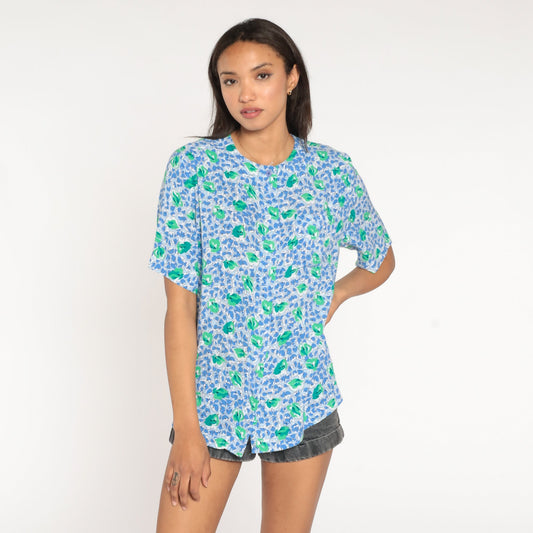 80s Blue Green Floral Button-Up Blouse Short Sleeve Hidden Placket Medium Large