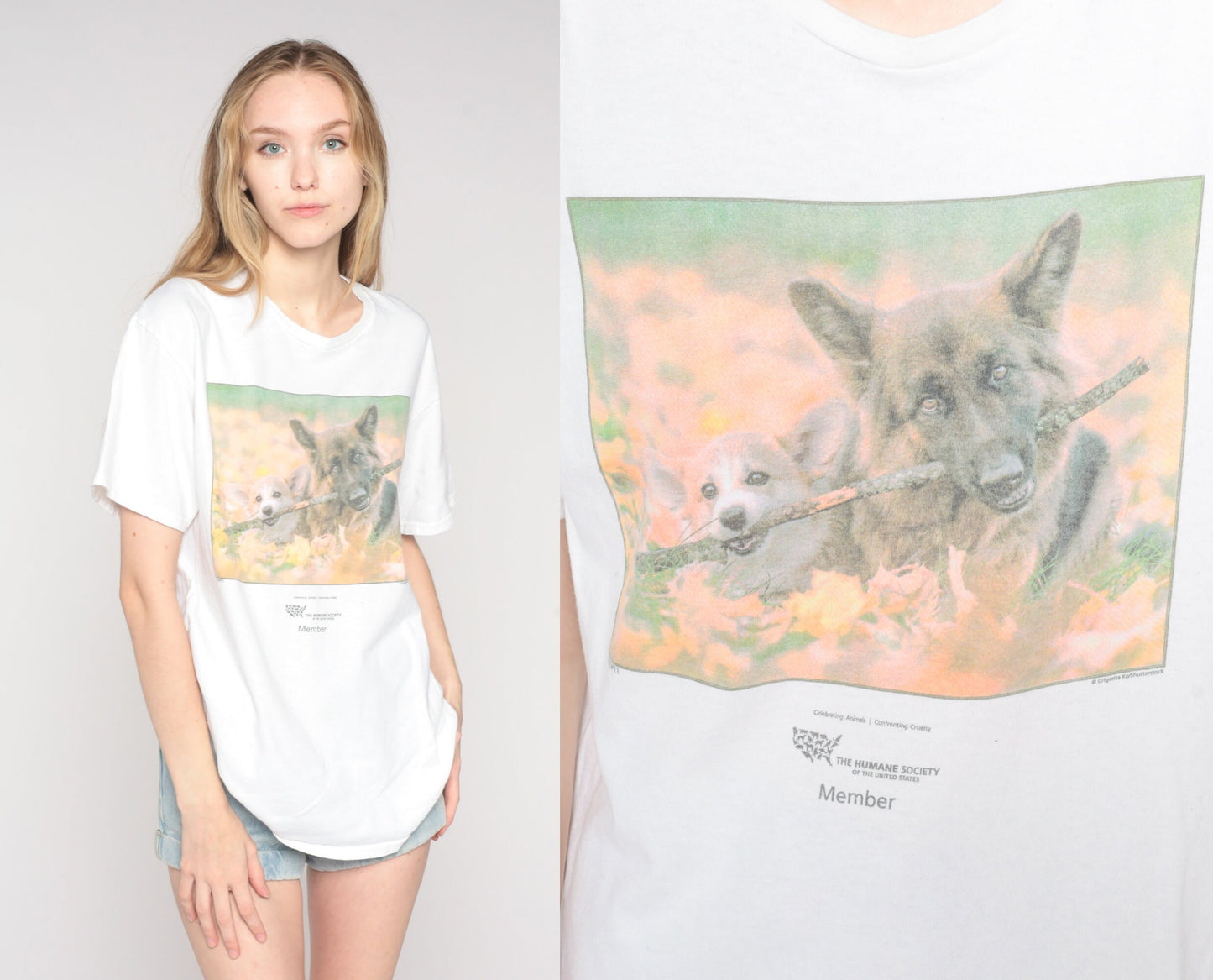 Y2K US Humane Society Dog Graphic T-Shirt German Shepherd Corgi Cotton Large L