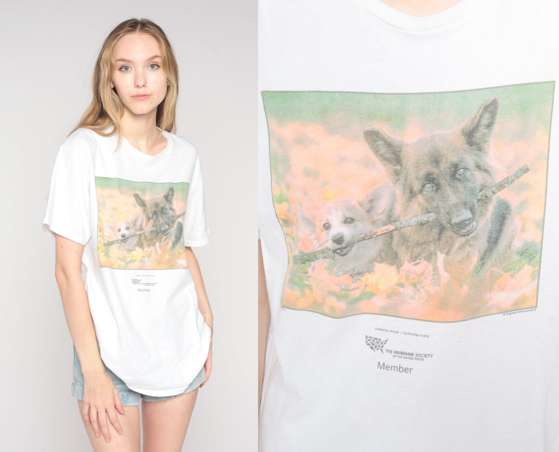 Y2K US Humane Society Dog Graphic T-Shirt German Shepherd Corgi Cotton Large L