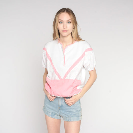 90s Henley Shirt White Pink Striped Polka Dot Short Sleeve Banded Hem Large L
