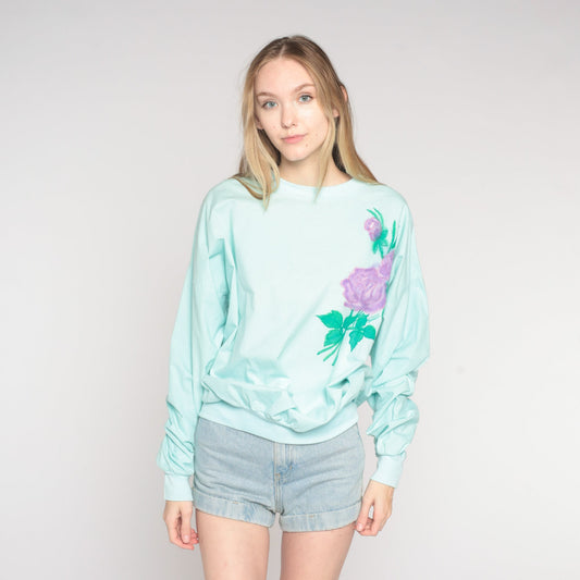 80s Airbrushed Rose Sweatshirt Mint Blue Floral Crewneck Extra Large XXL