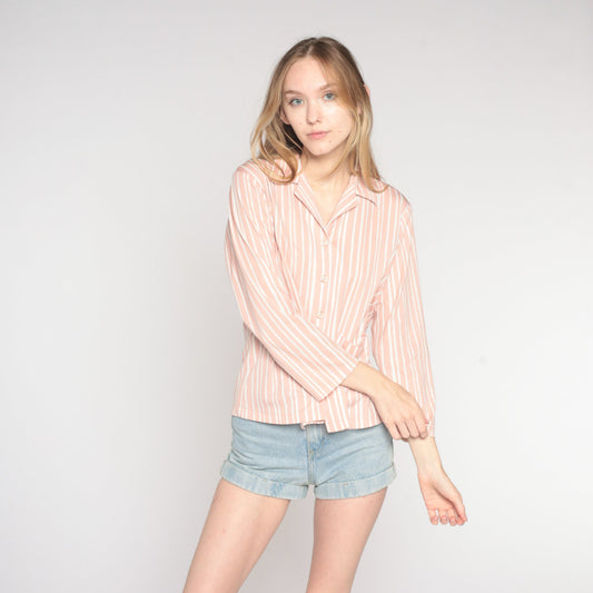 70s Pink White Striped Button-Up Blouse Long Sleeve Collared Pocket Shirt Large