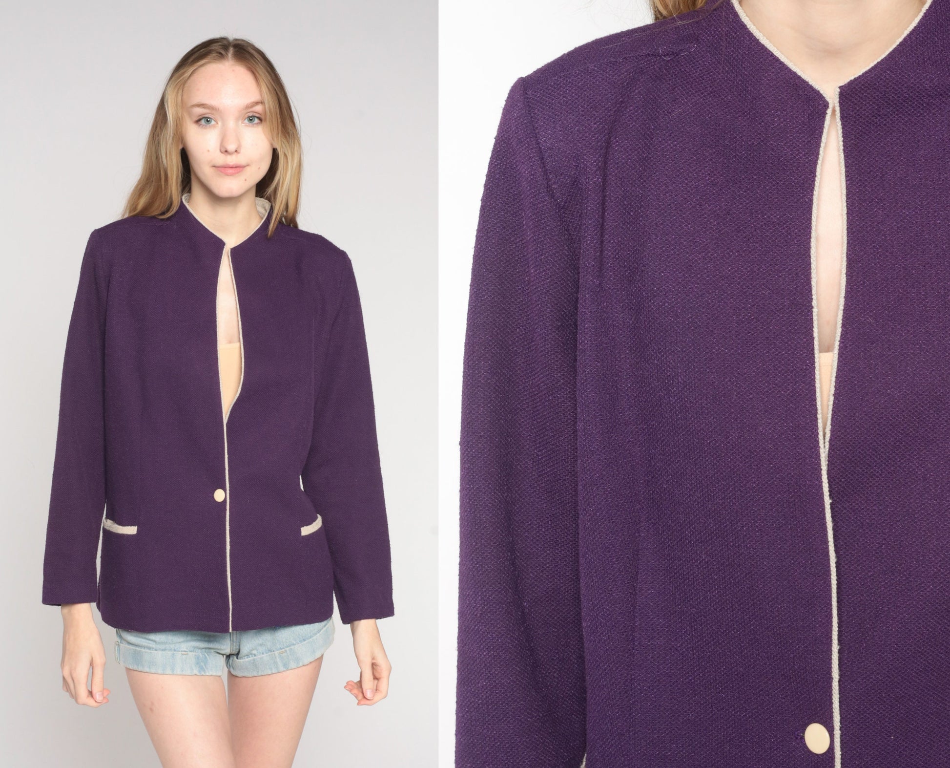 70s Purple Woven Blazer Button Up Jacket Tailored Large L