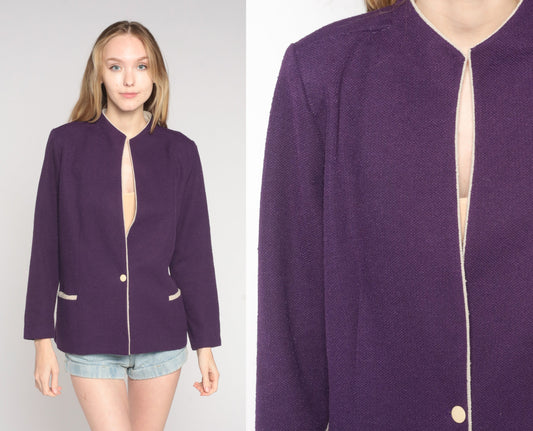 70s Purple Woven Blazer Button Up Jacket Tailored Large L