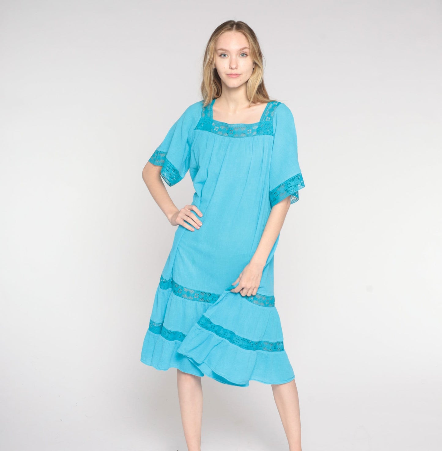 80s Blue Cotton Midi Dress Crochet Trim Tiered Trapeze Sundress Small