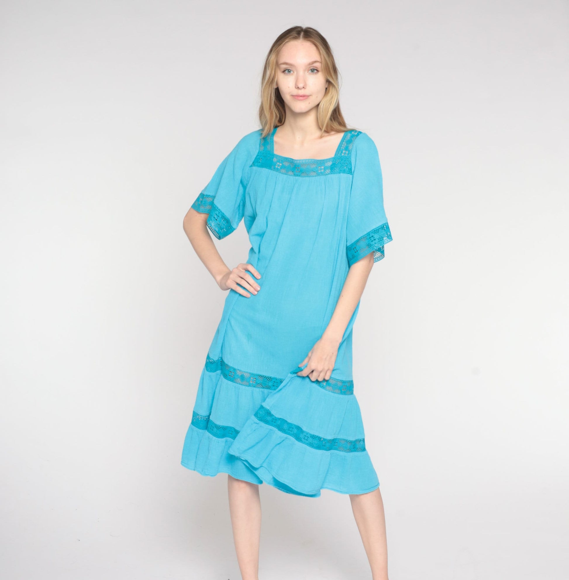 80s Blue Cotton Midi Dress Crochet Trim Tiered Trapeze Sundress Small