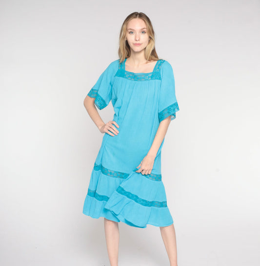 80s Blue Cotton Midi Dress Crochet Trim Tiered Trapeze Sundress Small