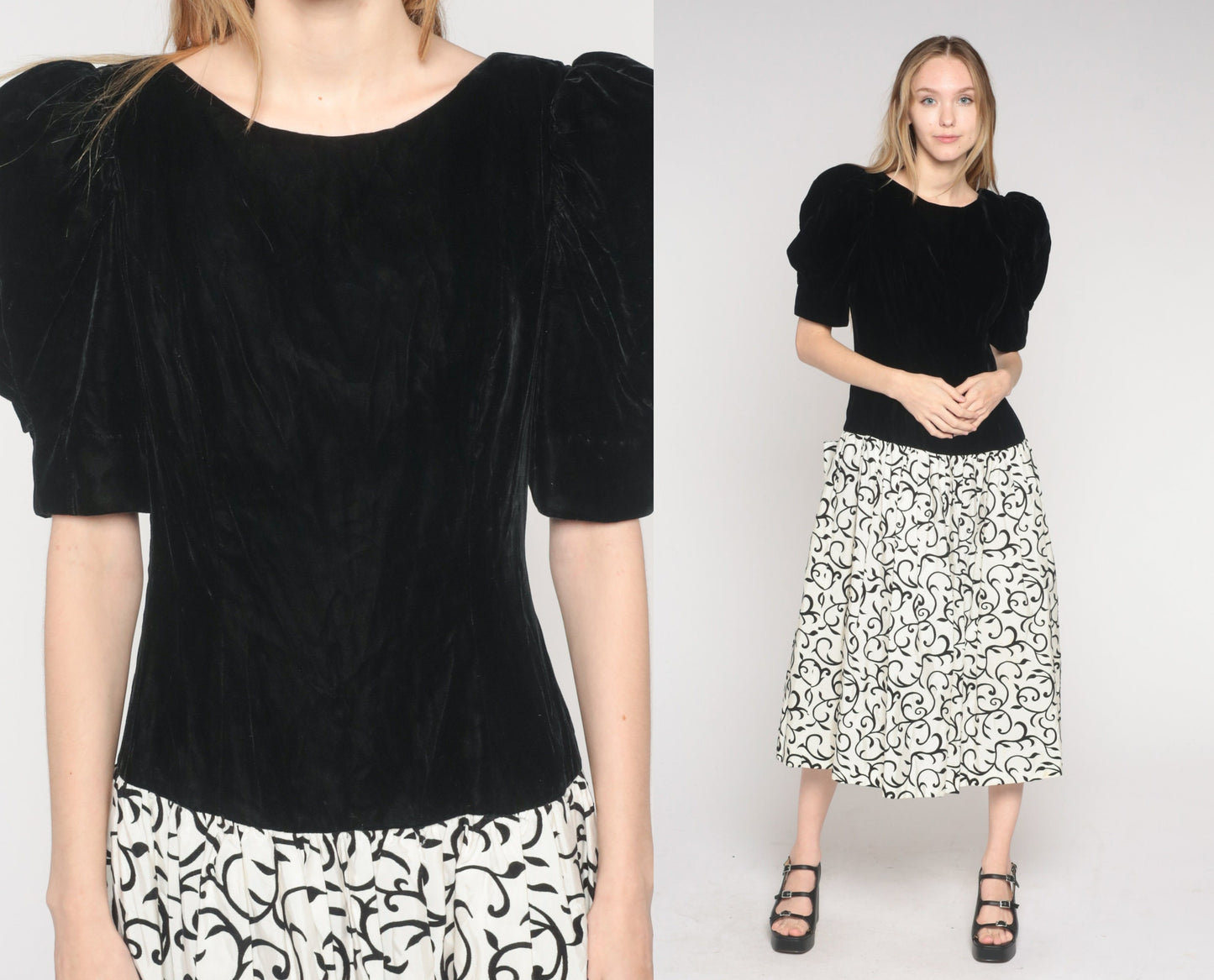 80s Black Velvet Vine Print Midi Dress Puff Sleeve Bow Scoop Back Small