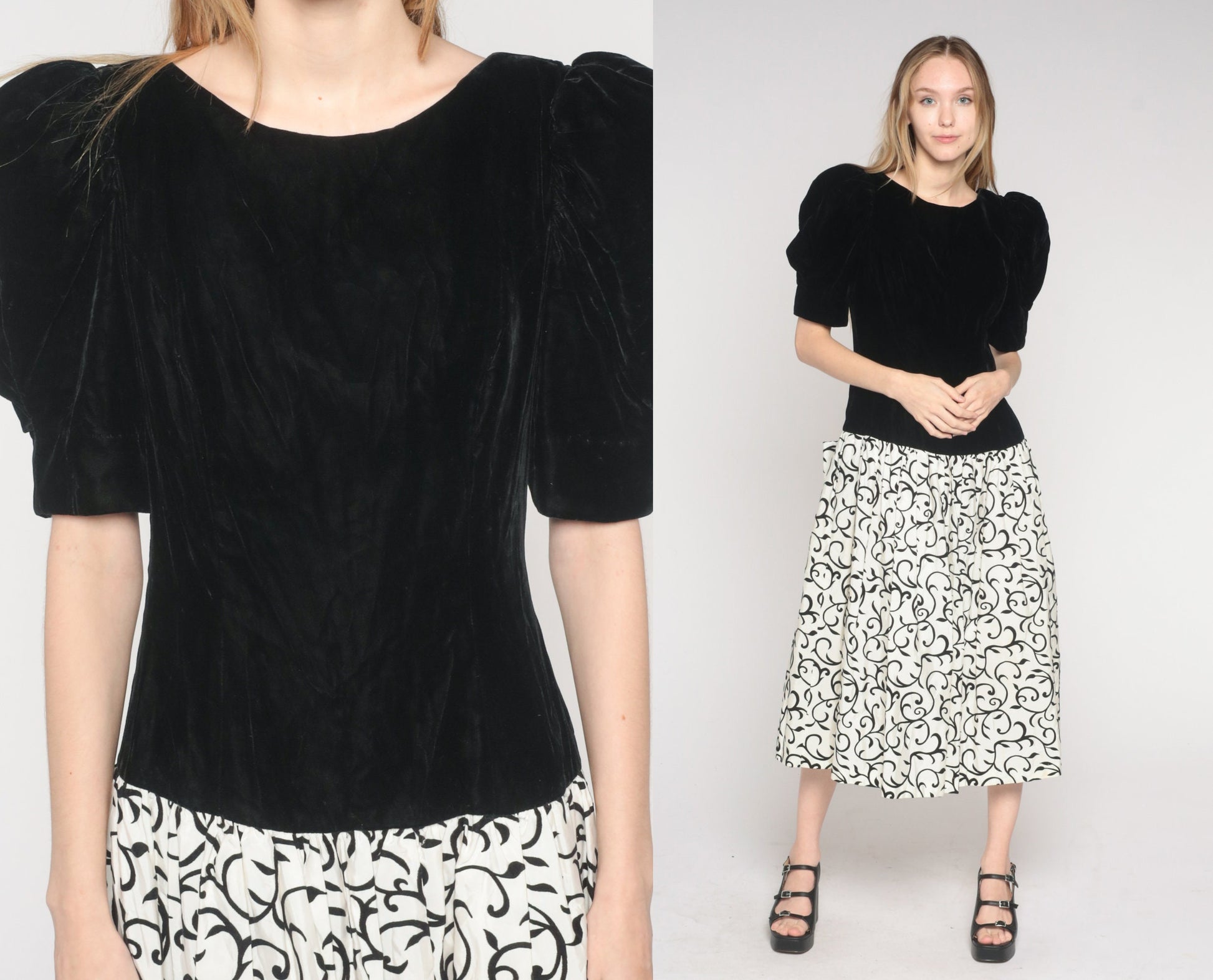 80s Black Velvet Vine Print Midi Dress Puff Sleeve Bow Scoop Back Small